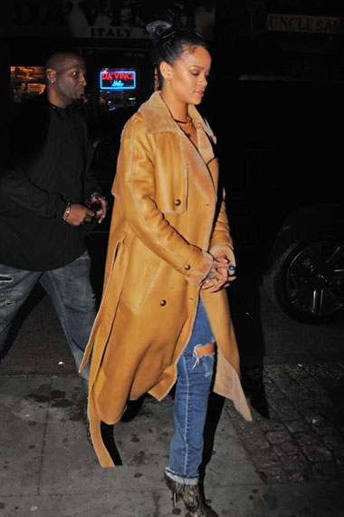 Womens Rihanna Casual Brown Leather Shearling Trench Coat