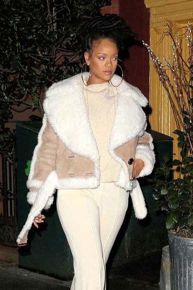 Rihanna Womens Bomber Beige Suede Leather Shearling Jacket