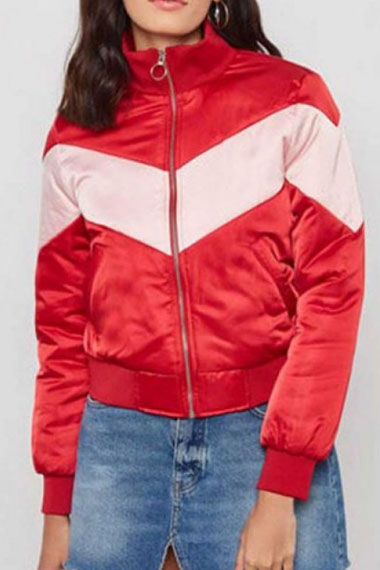 Willow Shields Spinning Out Serena Baker Red Bomber Jacket