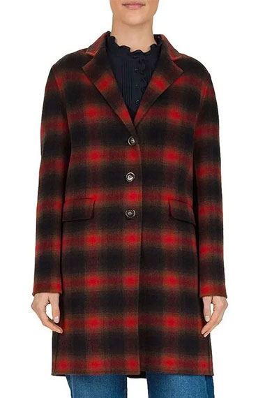 Cobie Smulders Dex Parios Stumptown Red Wool Plaid Trench Coat