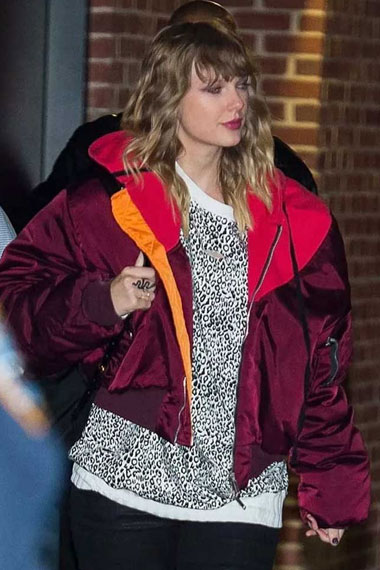 Womens Taylor Swift Singer Burgundy Bomber Red Hooded Jacket