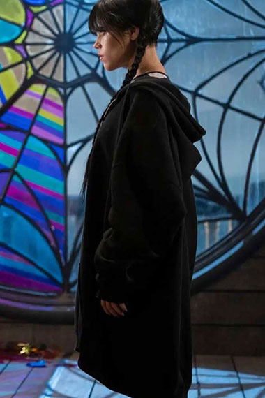 Jenna Ortega Wednesday Addams Hooded Black Bomber Fleece Coat