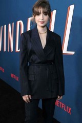 Windfall Movie Premiere Lily Collins Black Wool Striped Blazer