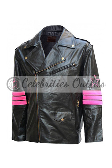 Hitman WWE Bret Hart Pink Stripes Biker Black Leather Jacket
