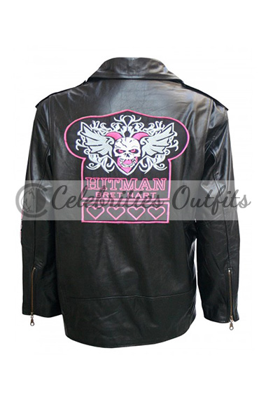 Hitman WWE Bret Hart Pink Stripes Biker Black Leather Jacket