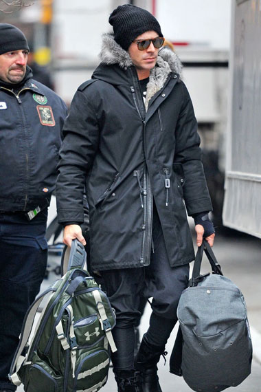 Mens Zac Efron Casual Street Style Hooded Black Fur Parka