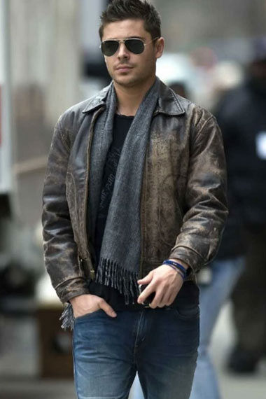 Mens Zac Efron Casual Distressed Brown Bomber Leather Jacket