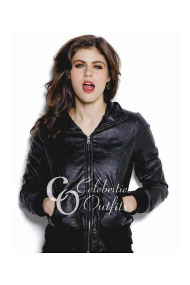alexandra-daddario-black-bomber-leather-jacket