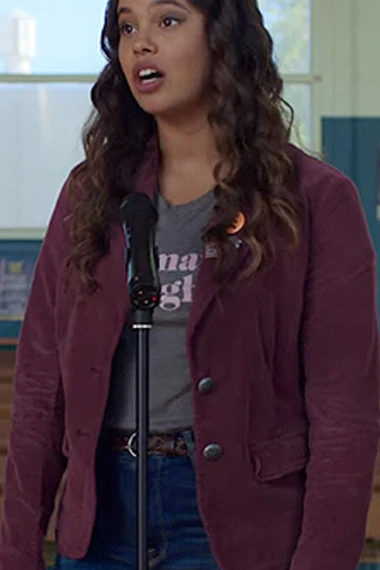 13 Reasons Why Alisha Boe Jessica Purple Suede Blazer