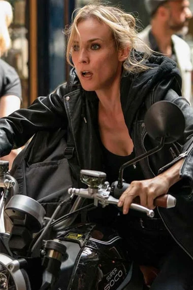 The 355 Jessica Chastain Mace Biker Black Leather Jacket
