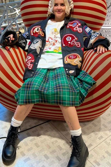 Anne Marie Black Bomber Jacket With Baseball Helmet Patches
