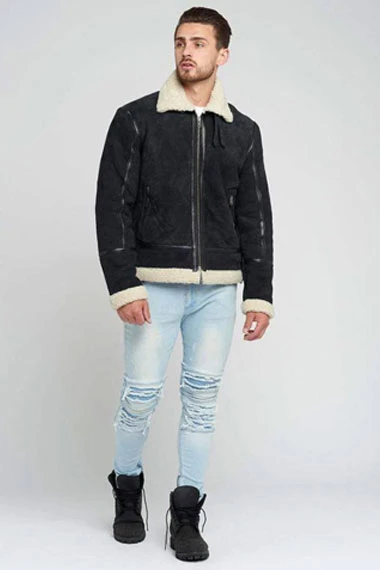 Aviator Mens Bomber Black Suede Leather Shearling Jacket