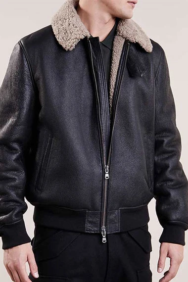 Mens Aviator Casual Bomber Black Leather Shearling Jacket