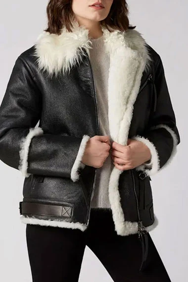 Womens Aviator Casual Bomber Black Leather Fur Lined Jacket