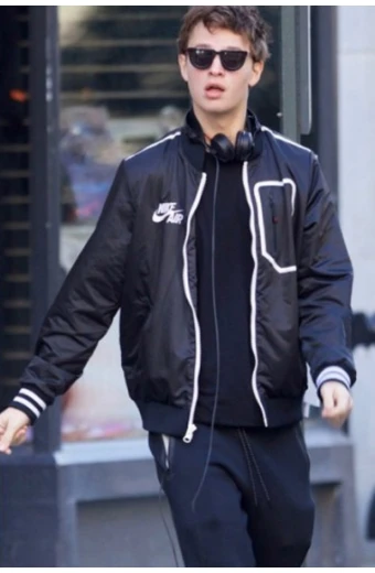 Baby Driver Ansel Elgort Bomber Black Satin Varsity Jacket ansel-elgort-baby-driver-varsity-jacket