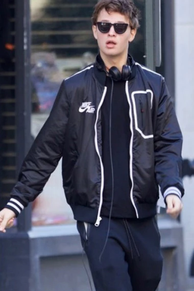 Ansel Elgort Baby Driver Black Bomber Satin Varsity Jacket