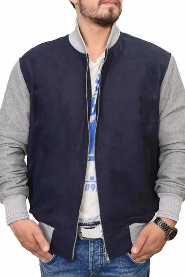 Ansel Elgort Baby Driver Bomber Blue Fleece Varsity Jacket