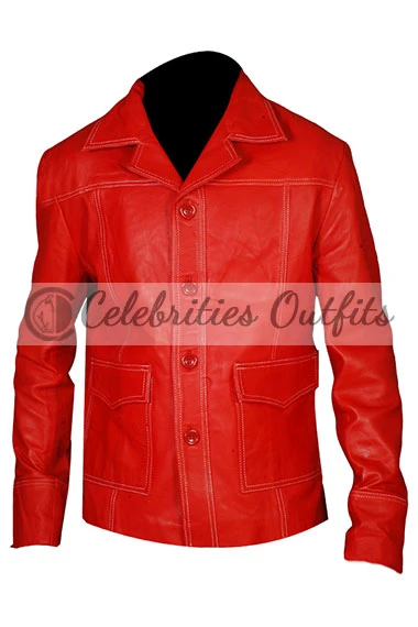 Brad Pitt Fight Club Tyler Durden Red Leather Trench Jacket