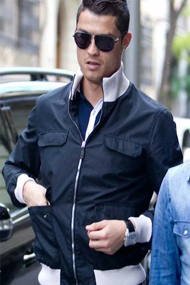 Mens Cristiano Ronaldo Casual Bomber Black Cotton Jacket