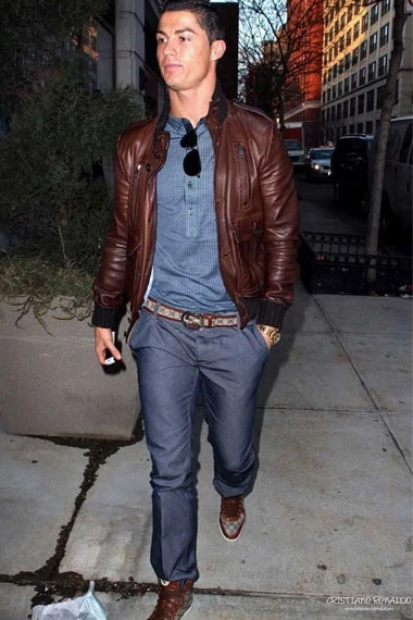 Mens Cristiano Ronaldo Casual Bomber Brown Leather Jacket