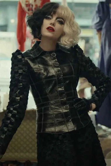 Emma Stone Cruella De Vil Quilted Black Cosplay Leather Jacket