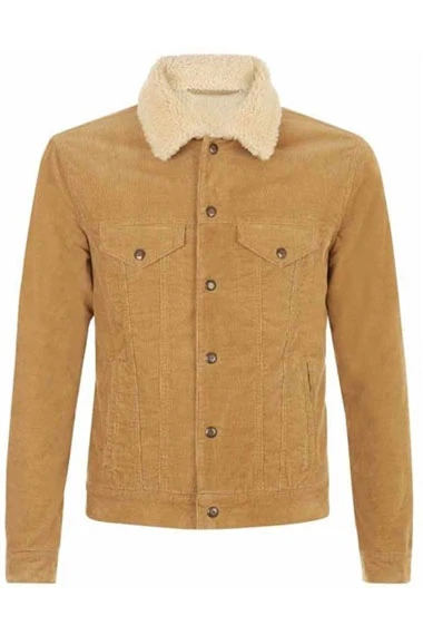 Mens David Beckham Casual Beige Corduroy Shearling Jacket