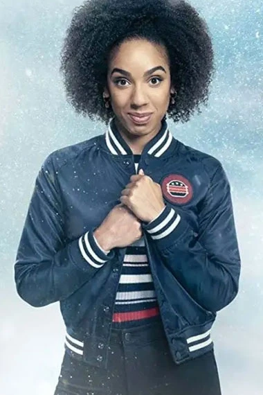 Pearl Mackie Doctor Who Bill Potts Blue Satin Varsity Jacket