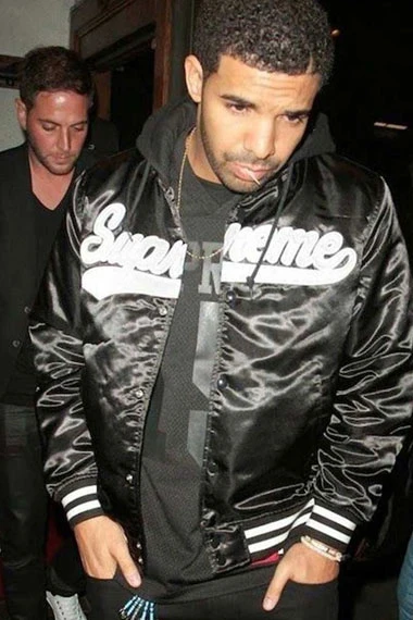Aubrey Drake Graham Mens Bomber Black Satin Varsity Jacket