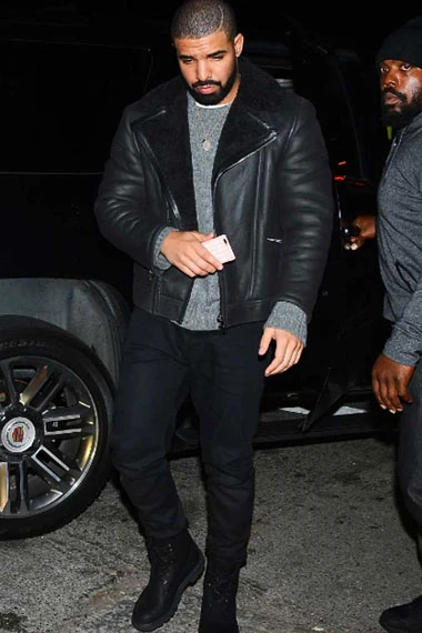 Casual Aubrey Drake Graham Mens Black Leather Shearling Jacket