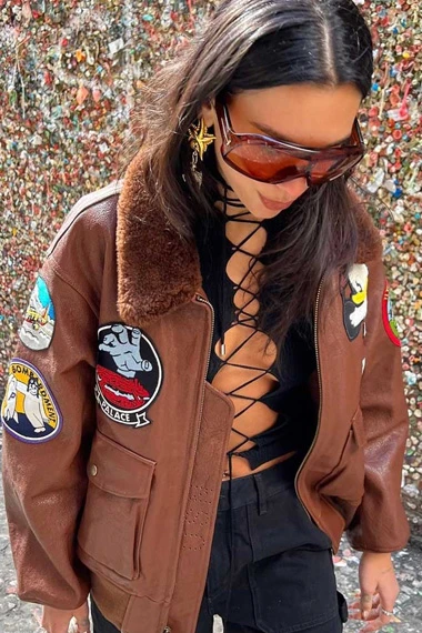 Dua Lipa Casual Aviator Bomber Fur Collar Brown Leather Jacket