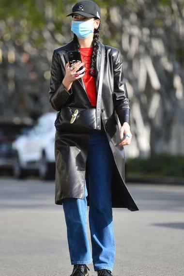 Womens Dua Lipa Street Style Casual Black Leather Trench Coat