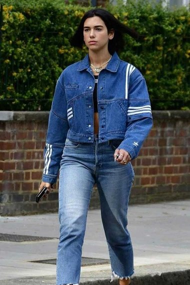 Casual Dua Lipa Womens Bomber Blue Denim White Stripes Jacket