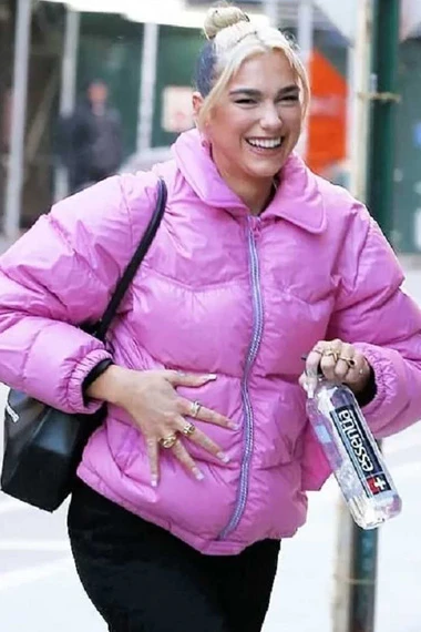 Dua Lipa Casual Bomber Pink Parachute Quilted Puffer Jacket