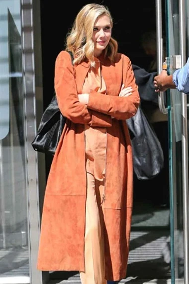 Elizabeth Olsen Street Style Casual Orange Suede Trench Coat