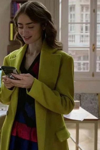 Lily Collins Emily Cooper Emily In Paris Green Wool Pea Coat