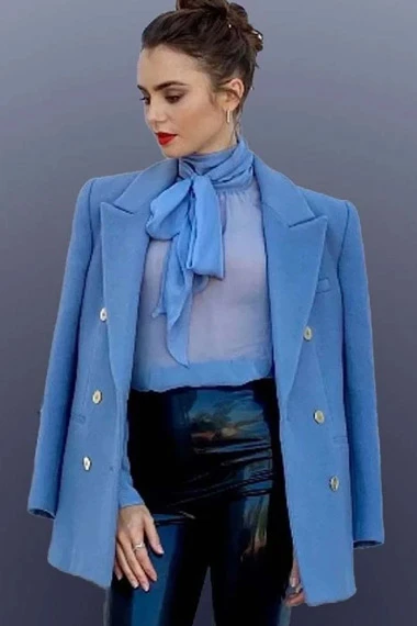 Emily in Paris Lily Collins Emily Cooper Blue Wool Pea Coat