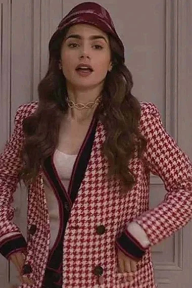 Lily Collins Emily Cooper Emily In Paris Red Checked Coat