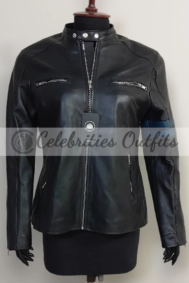 Casual Womens Vintage Blue Striped Black Racer Leather Jacket
