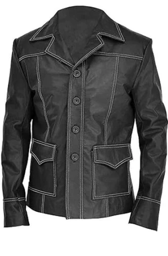 Fight Club Tyler Durden Brad Pitt Black Leather Trench Jacket brad-pitt-fight-club-black-jacket