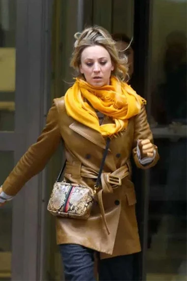 Cassie Bowden Kaley Cuoco Flight Attendant Beige Leather Coat