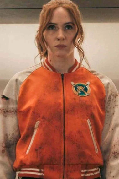 Samantha Gunpowder Milkshake Karen Gillan Orange Satin Jacket