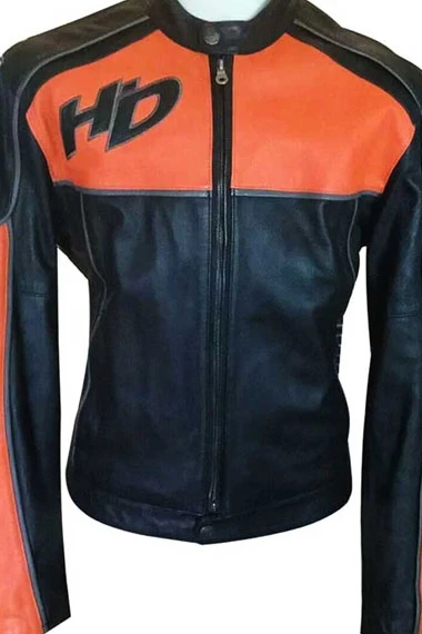 Harley Davidson Motorcycles Orange Black Biker Leather Jacket