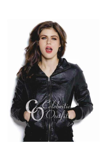 alexandra-daddario-black-bomber-leather-jacket