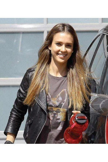 Jessica Alba Black Studded Biker Jacket