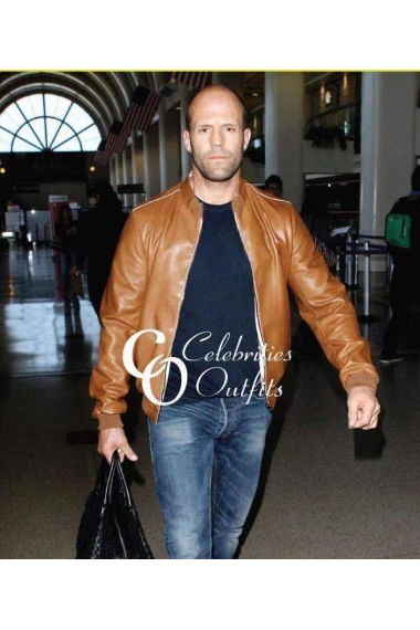 Jason Statham Brown Bomber White Stripes Designer Jacket