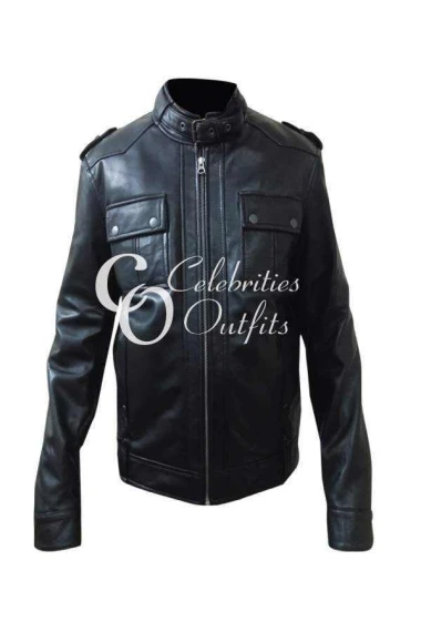 Strap Pocket Slim-Fit Black Biker Leather Jacket