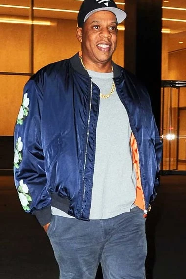 Mens Jay Z Street Style Casual Bomber Blue Satin Jacket