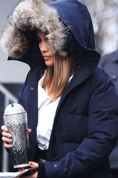 Womens Jennifer Lopez Casual Blue Parachute Fur Hooded Parka