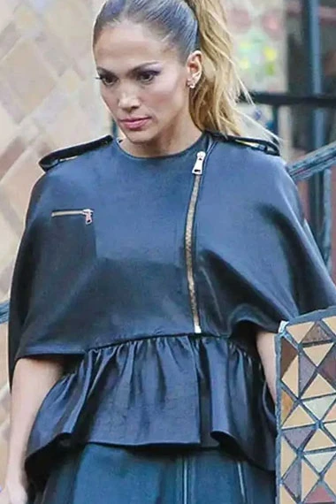 Casual Jennifer Lopez Street Style Womens Black Leather Poncho