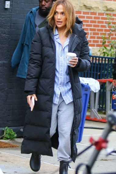 Womens Jennifer Lopez Casual Black Quilted Puffer Long Coat